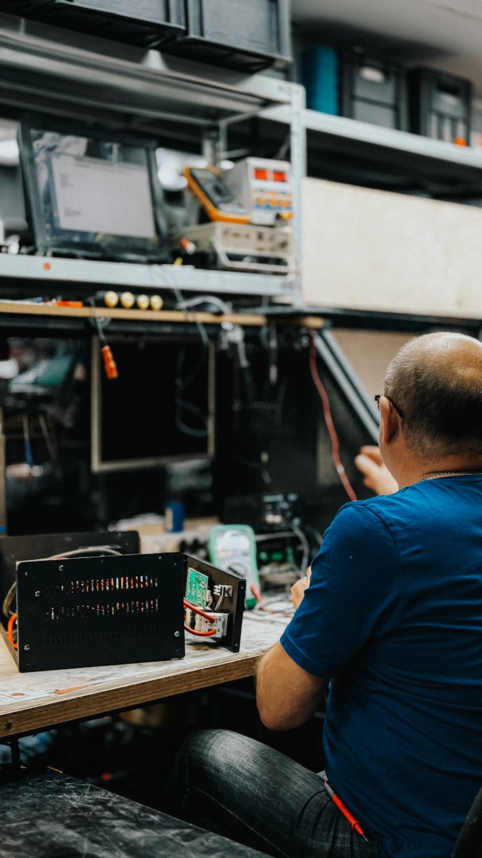 about-us-01 Technician working on electronics at a cluttered workbench in a modern workshop.