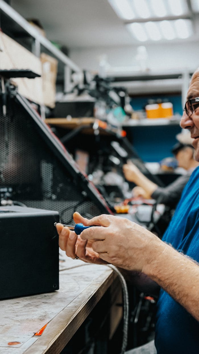 about-us-02 Adult man repairing electronics in a workshop setting, emphasizing craftsmanship and focus.
