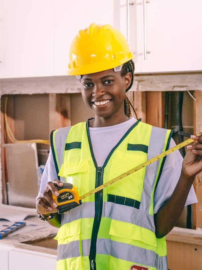 services-01 Smiling female engineer holding a measuring tape, wearing PPE and hardhat indoors.